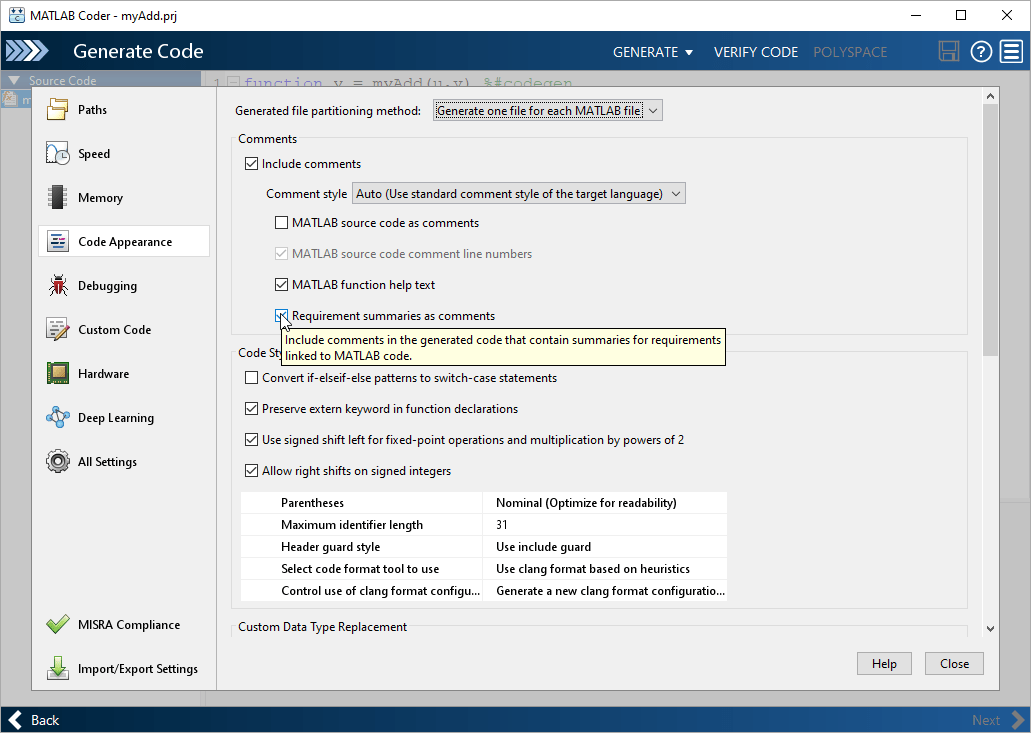 MATLAB Coder app with the option to include requirement comments selected.