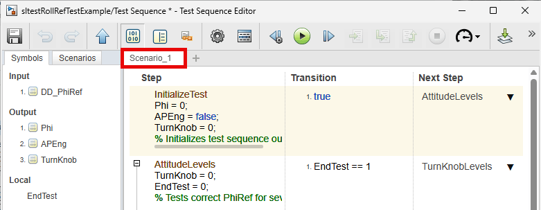 Test scenario block showing scenario 1