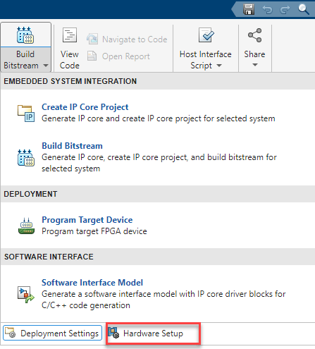 Hardware Setup option in the HDL Coder app