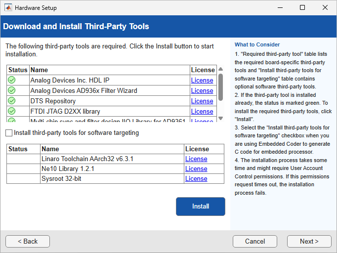 Automatic Download screen that list the required third-party tools