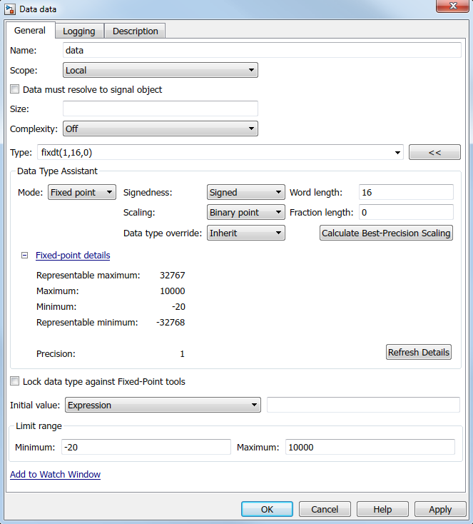 Fixed-point details subpane showing the maximum and minimum values for the data object data.