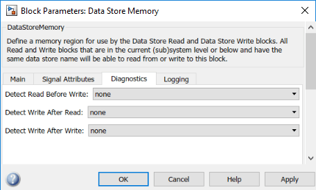 Block parameters dialog box for a Data Store Memory block.