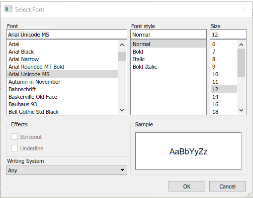 Select font dialog box.