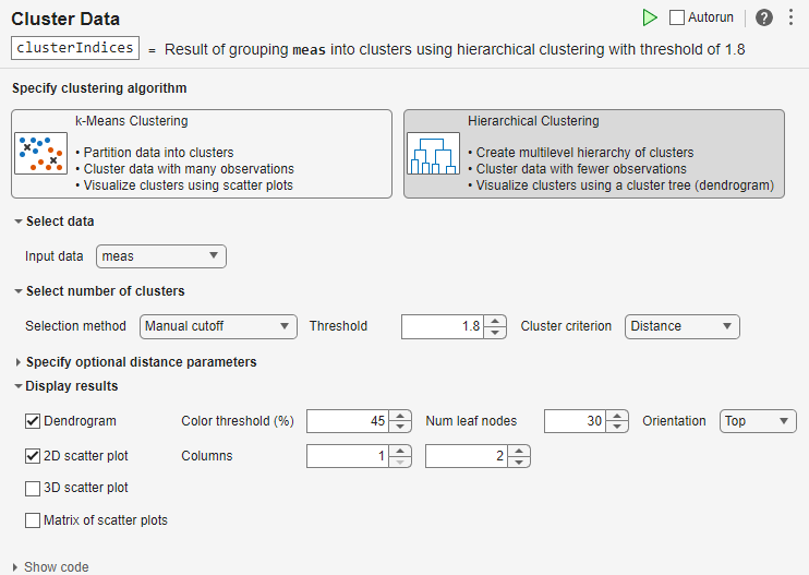 Cluster Data task showing the selected parameters