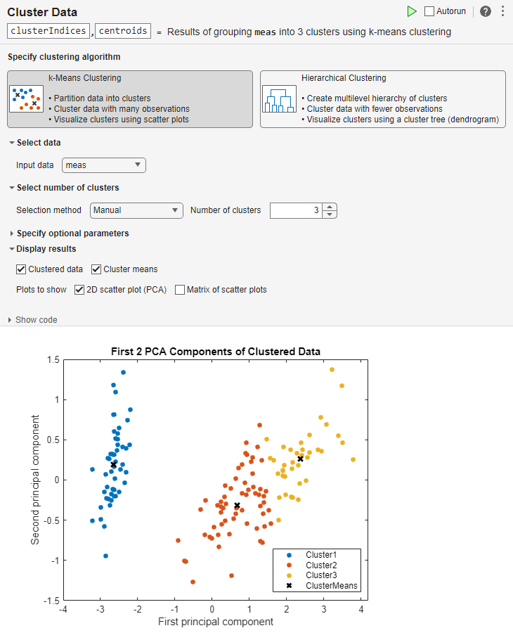 Cluster Data task showing the selected parameters and the resulting scatter plot with the sample data divided into three clusters.