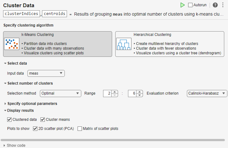 Cluster Data task showing the selected parameters and two charts. The chart is a bar chart displaying the evaluation results for each cluster number and the second chart is a scatter plot with the sample data divided into three clusters.