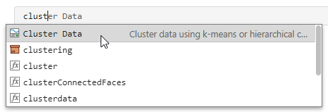 Drop down list showing suggested command completions. The third suggestion in the list is for the Cluster Data Task, and is selected.