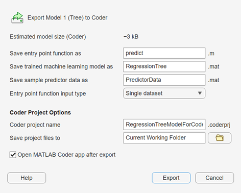 Export Regression Model to Coder dialog box with options selected