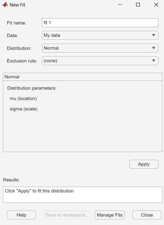 New Fit dialog box with normal distribution results for My data