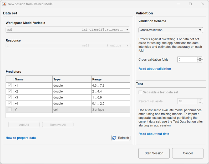 New session from trained model