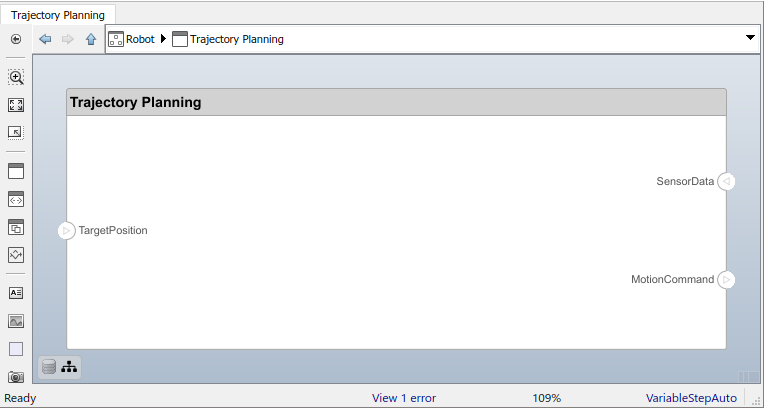 The inside of the 'Trajectory Planning' component shows three architecture ports called 'Target Position, 'Sensor Data', and 'Motion Command'.