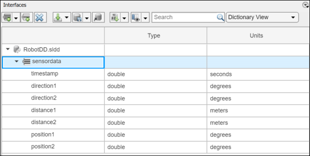 The Robot DD dictionary with interface named 'sensor data' and interface elements named 'time stamp', 'direction 1', direction 2', distance 1', distance 2', 'position 1', and 'position 2.