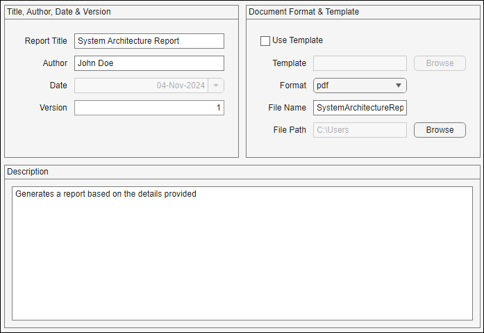 Panes of the System Architecture Report tool to customize the title page of a report.