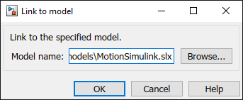 Link to model dialog with existing model name 'Motion Simulink'. Press Enter for OK.