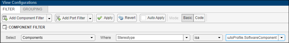 The view configurations filter query display with a component filter.