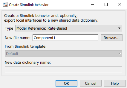 Create Simulink Behavior dialog box that displays the type of the behavior.