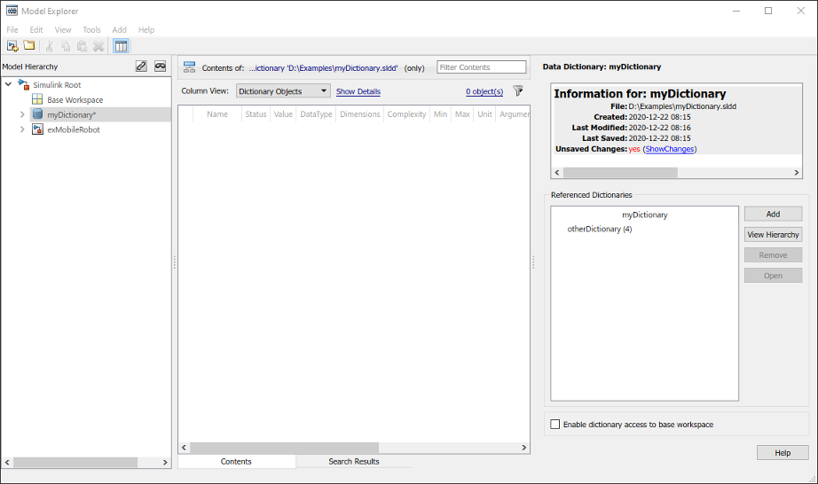 Model Explorer window with "Add" button on right, after selecting other data dictionary as the reference.