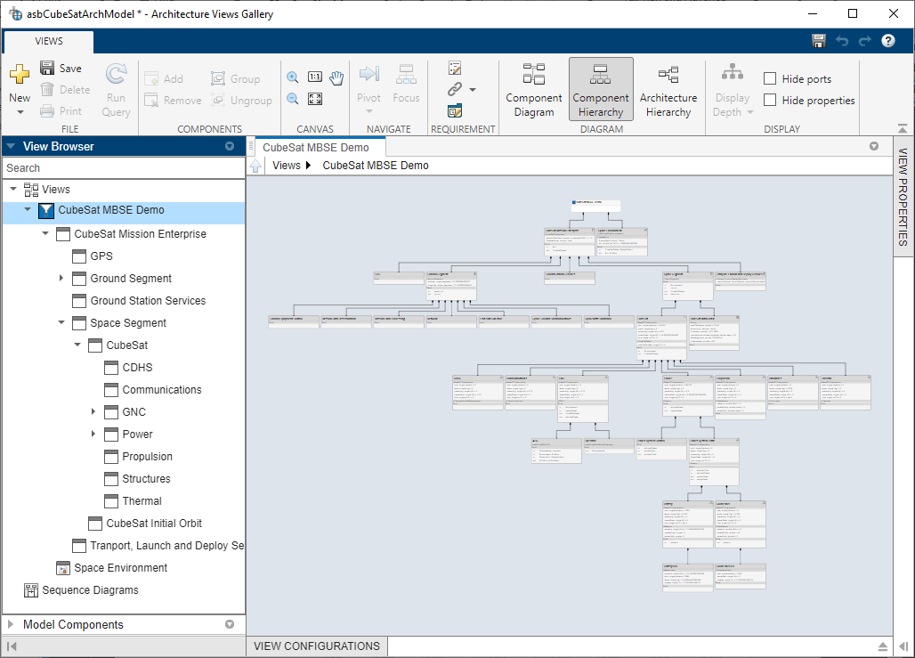 CubeSat MBSE Demo in Component Hierarchy view.