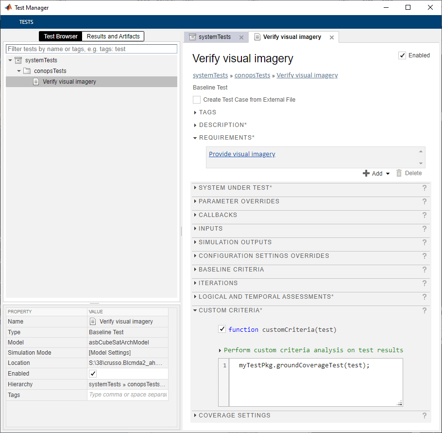 asbCubeSatArchModel in Test Manager.