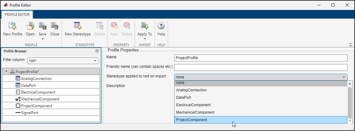 For the profile 'Project Profile' using the profile properties section to select 'Stereotype applied to root on import' as 'Project Component'.
