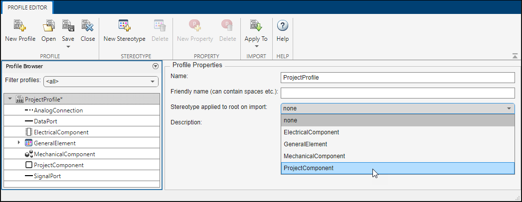 For the profile 'Project Profile' using the profile properties section to select 'Stereotype applied to root on import' as 'Project Component'.