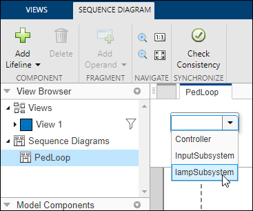 A sequence diagram with a menu open to select a new lifeline for the lamp subsystem.