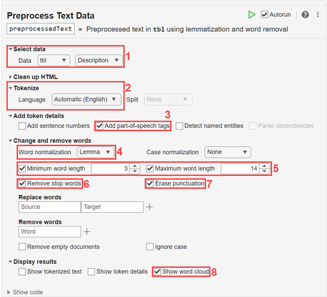 Preprocess Text Data task with fields corresponding to preprocessing options highlighed with numbered red rectangles. The image highlights these options in order: "Data", "Language", "Add part-of-speech tags", "Normalize words", "Minimum word length", "Maximum word length", "Remove stop words", "Erase punctuation", and "Show word cloud".