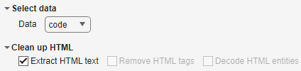 "Data" option with "code" selected and "Extract HTML text" check box selected
