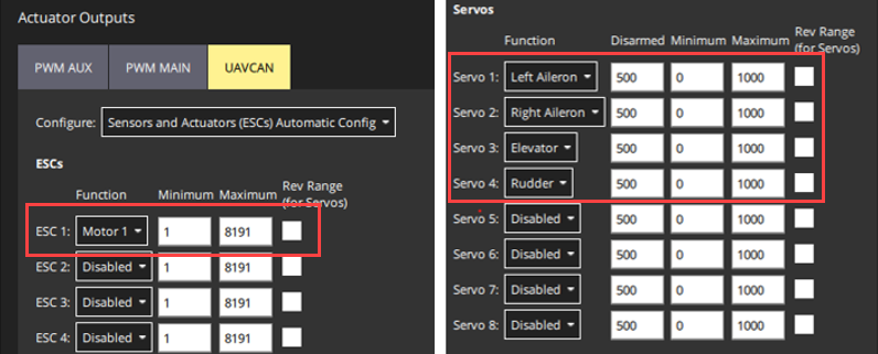 UAVCAN Motor and Servo configuration