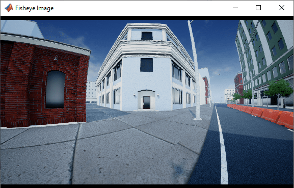 fisheye image of the US city block scene as captured by fisheye camera block