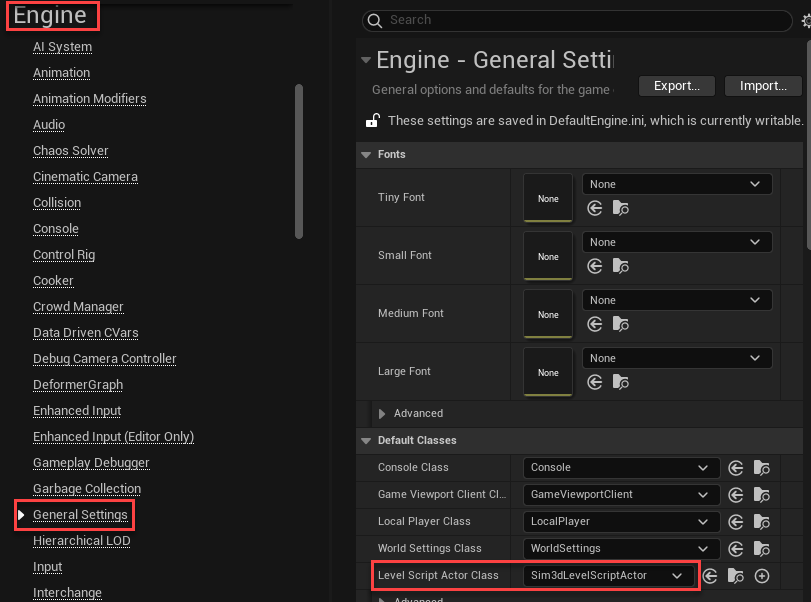 Unreal Editor Engine in Project Settings