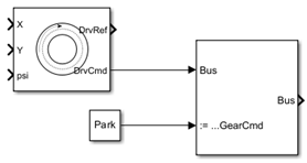 Block diagram where the Bus Assignment block overrides the TransCmd output from the Constant Radius block.