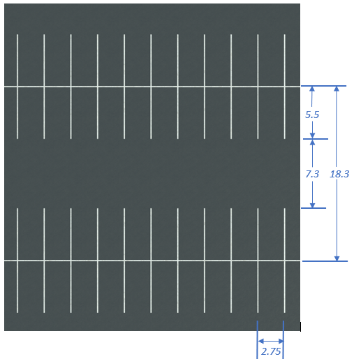 Parking lot scene with marked parking space dimensions