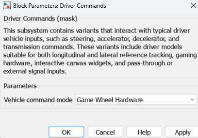 Driver Commands block parameters dialog box.