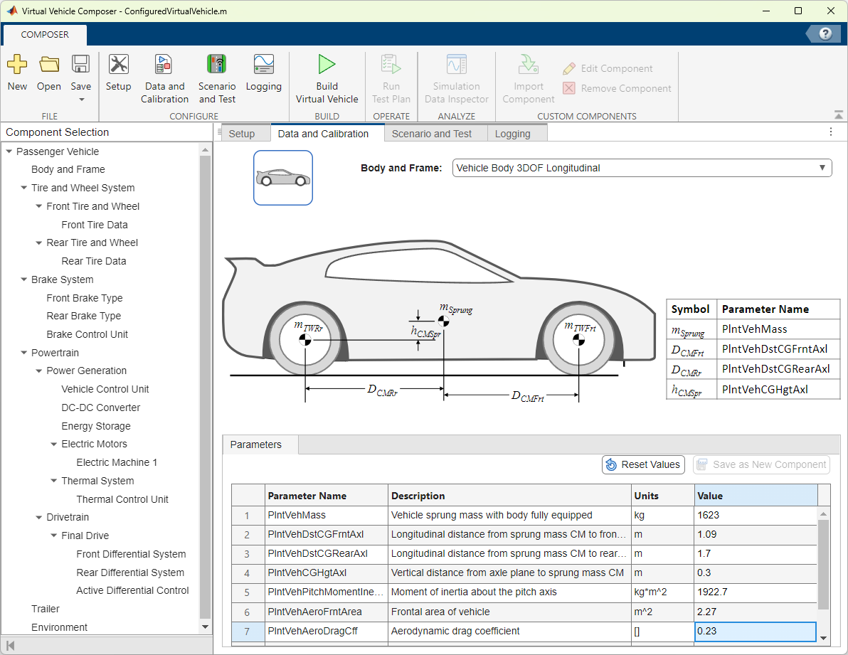 Virtual Vehicle Composer app configuration data and calibration tab