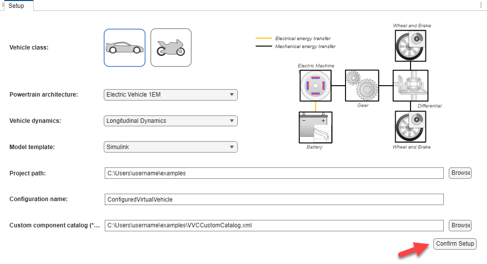 Virtual Vehicle Composer app configuration setup tab