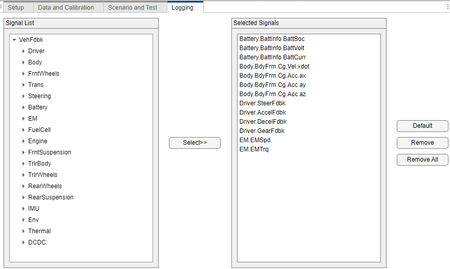 Virtual Vehicle Composer logging tab