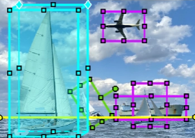 Green rectangles around boats and pink rectangle around airplane