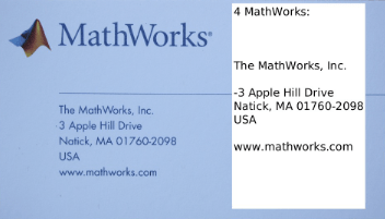Mathworks business card with the company name, address, and website. The information on the card has been recognized and reproduced in a rectangular element.