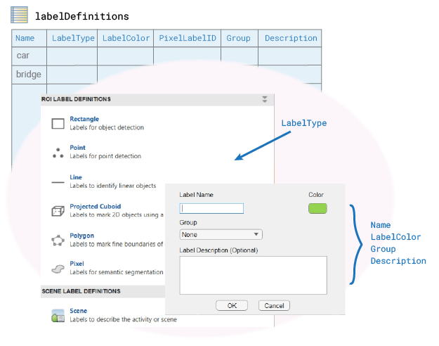 The labelDefinitions table contains the LabelType column, which corresponds to the ROI Label Definition type in the app, and the Name, LabelColor, Group, and Description columns, which correspond to the Label Name, Color, Group, and Label Description (Optional) fields in the app interface, respectively.