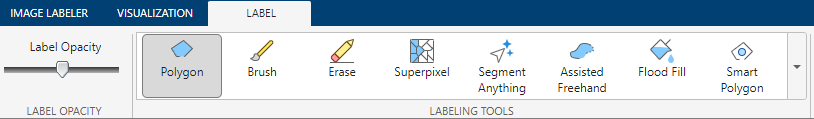 Label tab showing standard and AI-assisted automation algorithms for Pixel ROI label type in the Image Labeler app.
