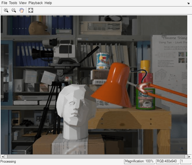 Figure Video Player contains an axes object and other objects of type uigridlayout, uimenu, uitoolbar. The hidden axes object contains an object of type image.