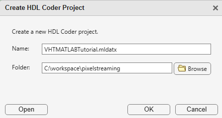 HDL Coder app window with parameters for project name and working folder