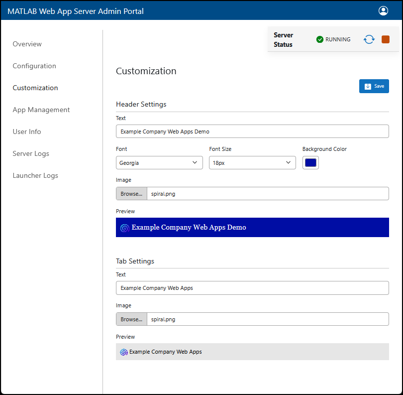 The admin portal customization page that displays Example Company Web Apps Demo as the custom header text and a spiral logo.
