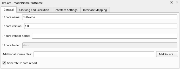 General tab in the IP Core editor. The settings include IP core name, which is populated with "dutName", and IP core version, which is populated with "1.0".