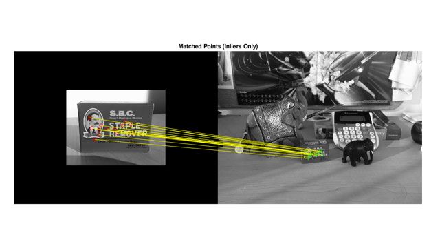 特徴点のマッチングを使用した要素の多いシーンでのオブジェクト検出 箱の画像と、同じ箱が配置されたより大きなシーンの画像を横並びにし、画像内の個々の一致する特徴を線でつないだもの。