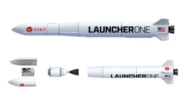 Virgin Orbit の LauncherOne 機体組立て (上) と、フェアリング、ペイロード、第一段階、第二段階を示す分解図 (下)。