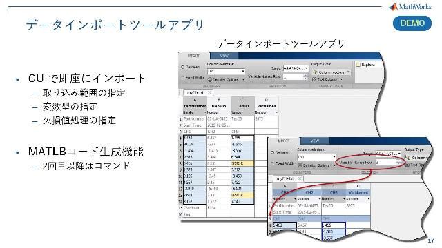 本セミナーでは、データサイエンスの統合開発環境として強みを持つMATLABの機能の中で、データへのアクセス、整理、解析、可視化を簡単に行う方法を紹介します。日頃、大容量のデータを扱う方や、センサーデータの前処理を行う方には特に必見の内容です。