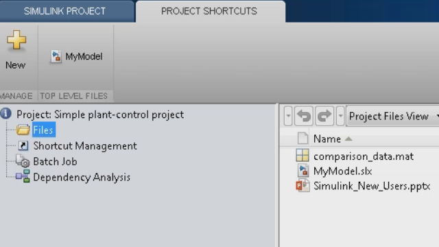 Use Simulink Projects to manage all the models and documents related to your project. Easily track and work with your files, and allow team members to access all documents. 
